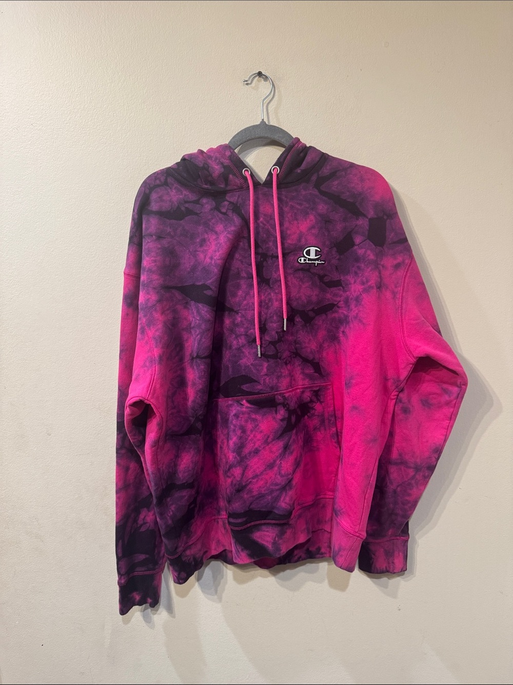 Unisex pullover Champion pink tie-dye crewneck hoodie sz XL kangaroo pocket